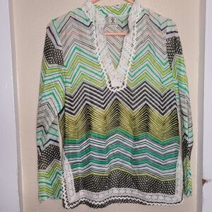 Virginia Taylor Tunic Blouse Green Size Small Womens Bohemian Long Sleeves
